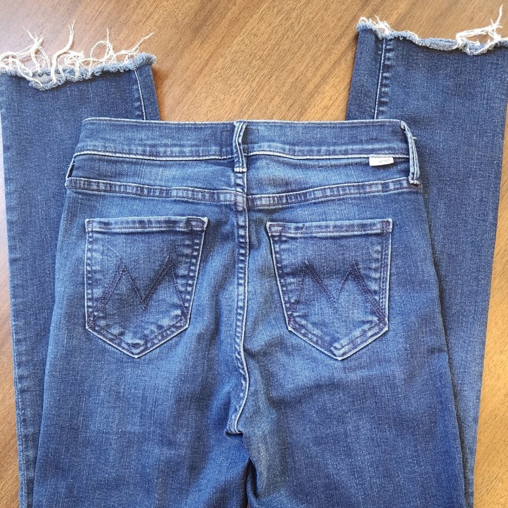 MOTHER The Looker Ankle Fray Skinny Jeans Dark Wash Blue Raw Hem Sz 27 designer